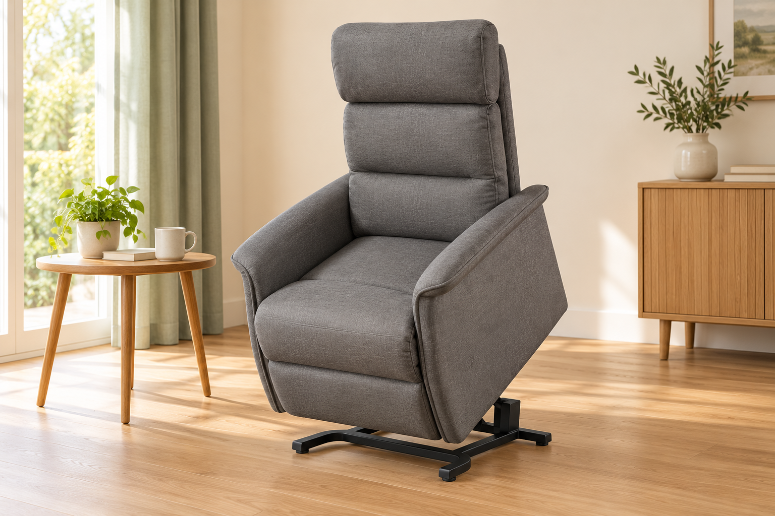 Mise en situation illustrative d’un fauteuil releveur dans un salon
