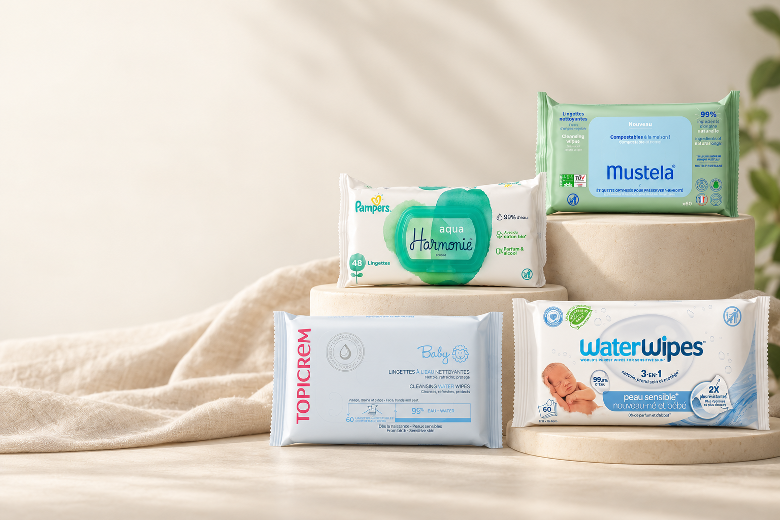 Mise en scène des lingettes bébé de la sélection en promotion